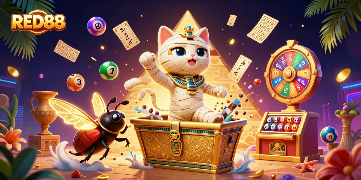Experience the excitement of RED88 with vibrant lottery elements and a dynamic casino scene.