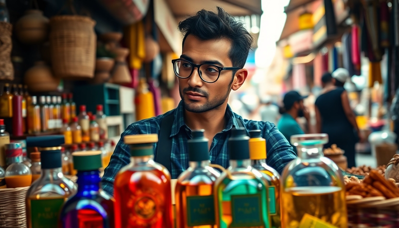 Experience memoirs of a perfume collector tales from zanzibar with vibrant fragrance bottles in a bustling market.