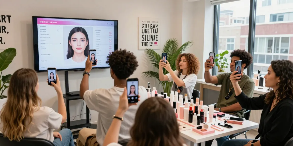 Group engaging in an attractive test at a beauty studio, showcasing facial metrics and vibrant ambiance.