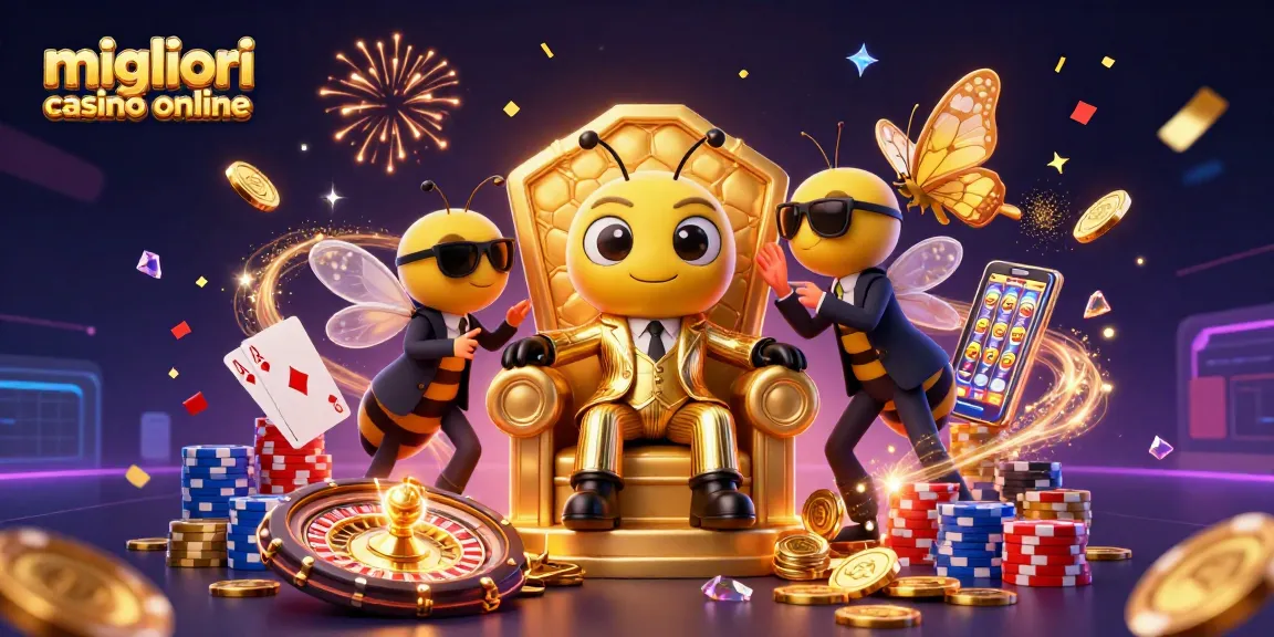 Visualizza i migliori casino online con un boss delle api in un trono dorato e simboli di gioco scintillanti.