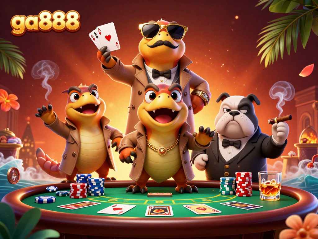 Engage in high-stakes poker at ga888 while raptors humorously disguise as a VIP.