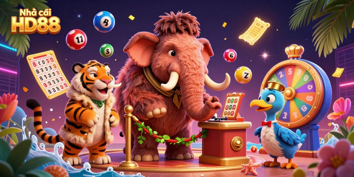 Engaging scene featuring Nhà cái HD88 with a woolly mammoth bouncer, saber-tooth tiger guest, and dodo bird doorman, lively casino elements surrounding them.