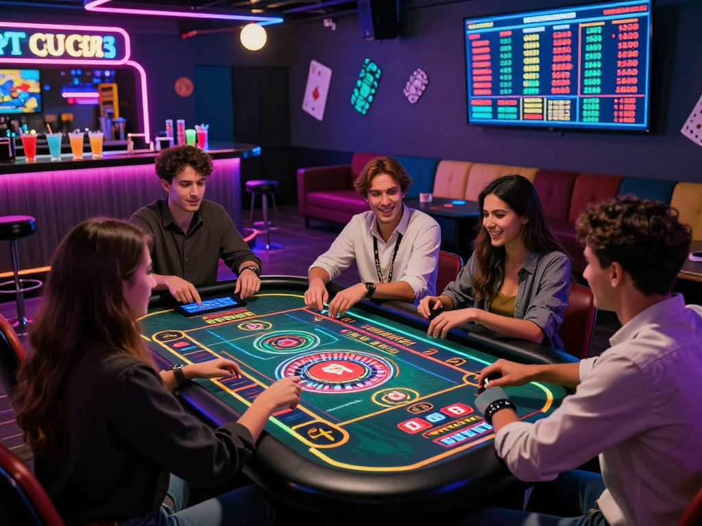 Friends enjoying a thrilling crypto casino experience with vibrant digital games and lively atmosphere.