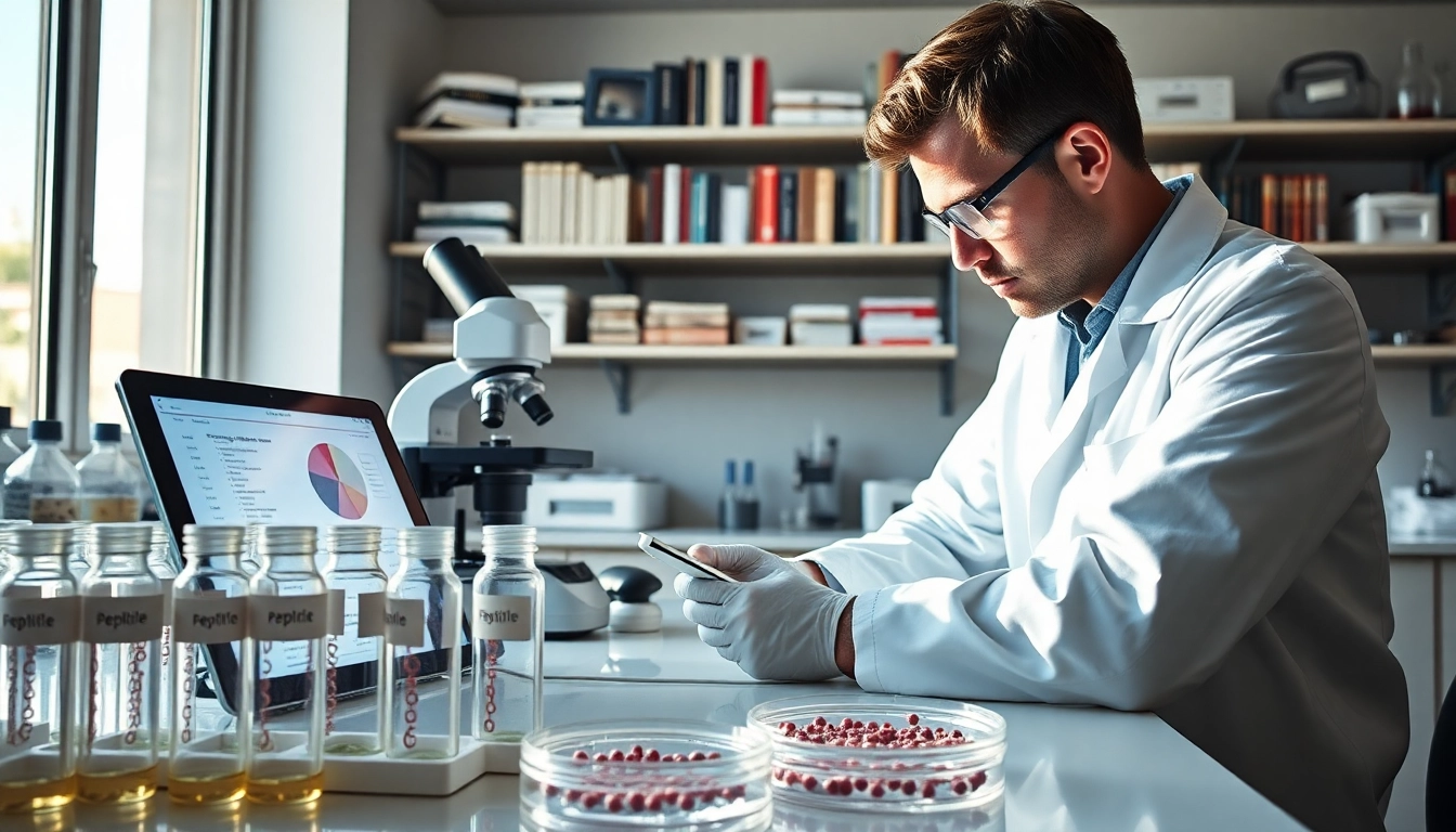 Research peptides highlighted in a laboratory setup with a researcher examining samples.