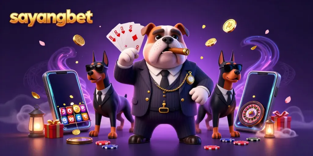 Spark golden coins and spinning reels at Sayangbet, featuring a mafia bulldog in a pinstripe suit.