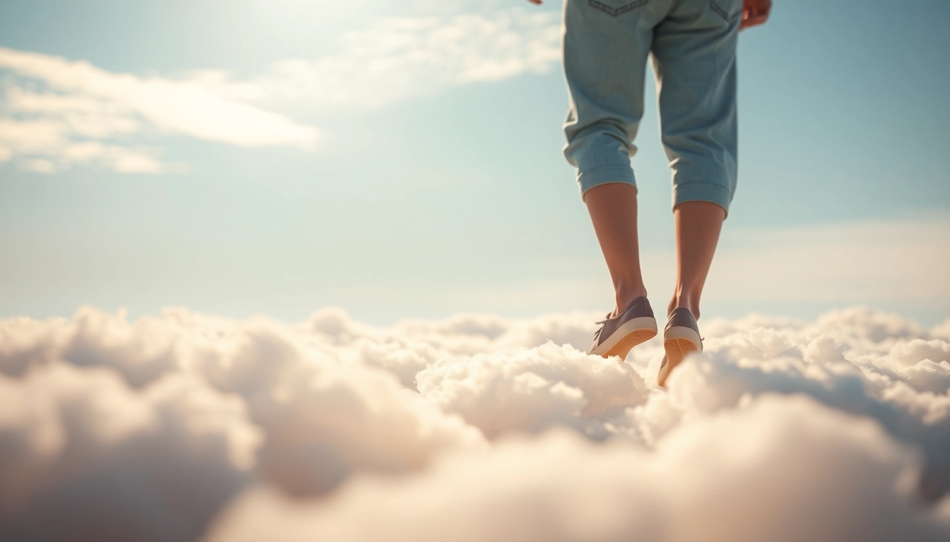 Walking on Clouds with a serene figure amidst fluffy clouds under a bright blue sky.