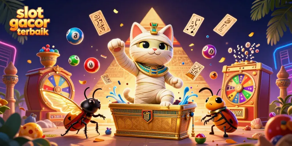 Slot gacor terbaik: Kucing mumi 3D dan teman scarab bermain di kasino pyramid yang megah.